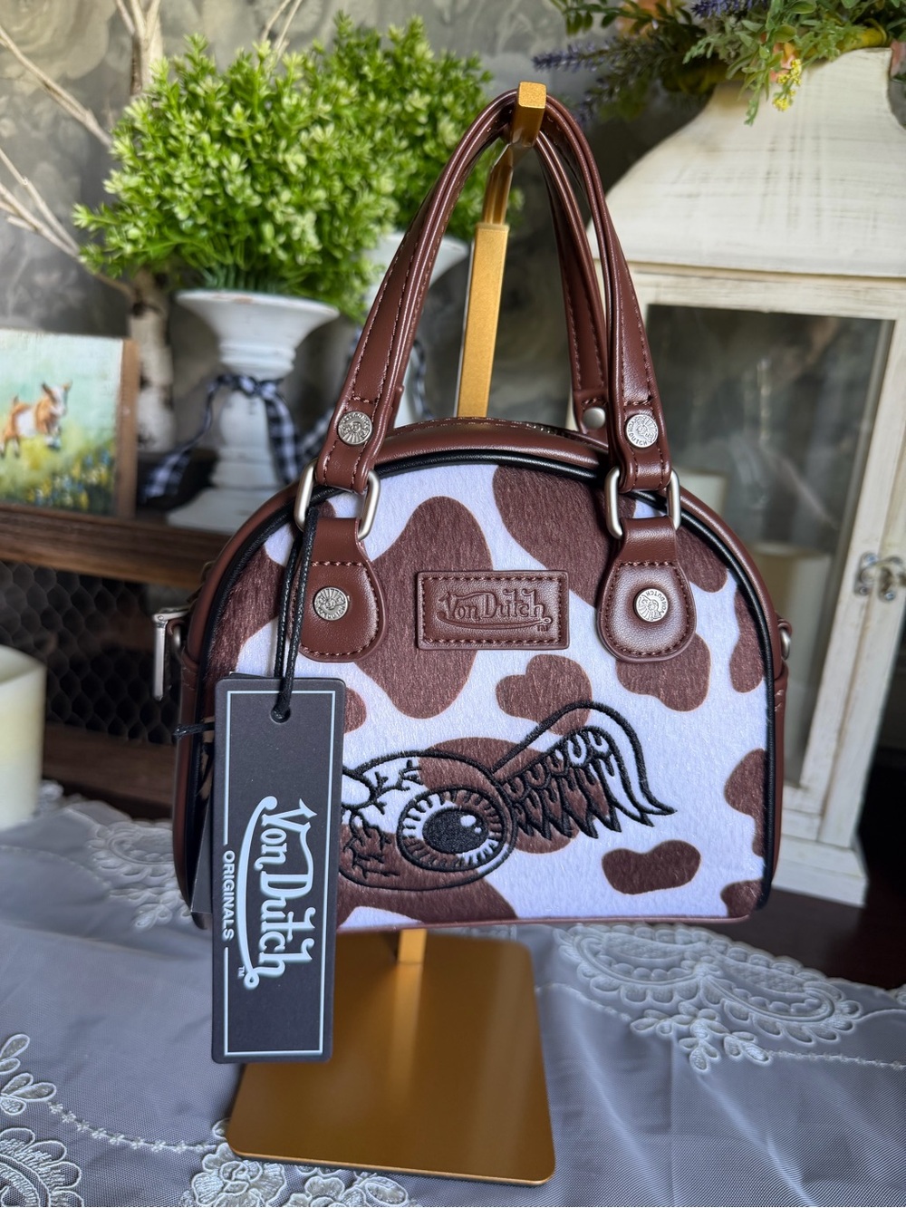 NWT Von Dutch Brown & White Cow-Print Satchel Embroidered Eye Wing Purse Bag